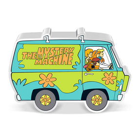 Scooby-Doo!™ – The Mystery Machine 1oz Silver Coin, a Van-Shaped Coin in the Classic Blue/Green Flowery/70's Style Paint Job, with 'The Mystery Machine' Painted on the Side with Scooby Doo in the Passenger Seat, with Velma, Shaggy, Daphne Seated Beside Him, with Fred Driving. 