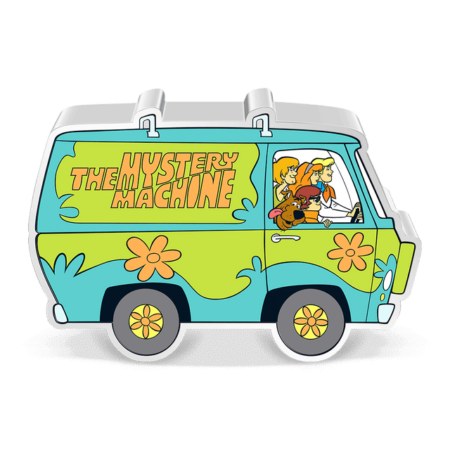 Scooby-Doo!™ – The Mystery Machine 1oz Silver Coin, a Van-Shaped Coin in the Classic Blue/Green Flowery/70's Style Paint Job, with 'The Mystery Machine' Painted on the Side with Scooby Doo in the Passenger Seat, with Velma, Shaggy, Daphne Seated Beside Him, with Fred Driving. 