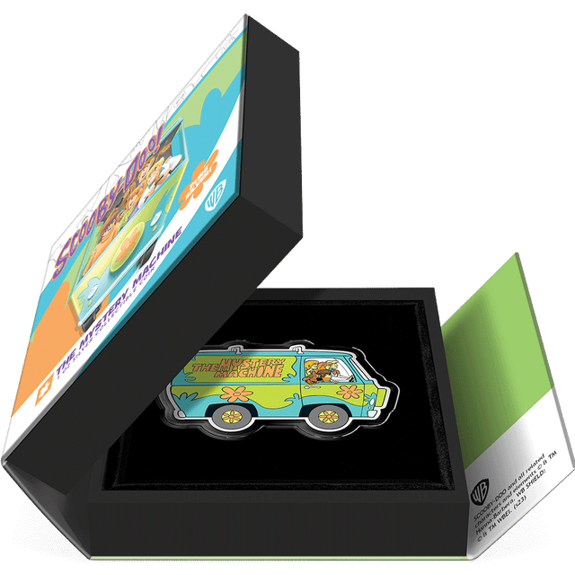 Scooby-Doo!™ – The Mystery Machine 1oz Silver Coin Featuring Book-style Packaging with Coin Insert and Certificate of Authenticity Sticker and Coin Specs. 