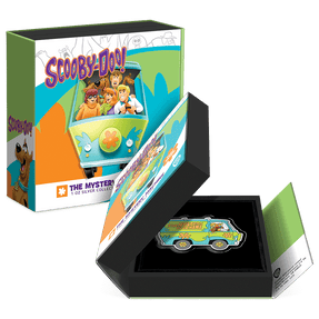 Scooby-Doo!™ – The Mystery Machine 1oz Silver Coin Featuring Custom Book-Style Packaging with Printed Coin Specifications. 