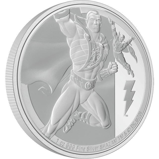Call down a magical bolt of lightning with this 1oz pure silver coin. Features an awe-inspiring image of SHAZAM. His iconic lightning bolt emblem is brilliantly highlighted against the pure silver, along with an illustration of him, in flight. - New Zealand Mint