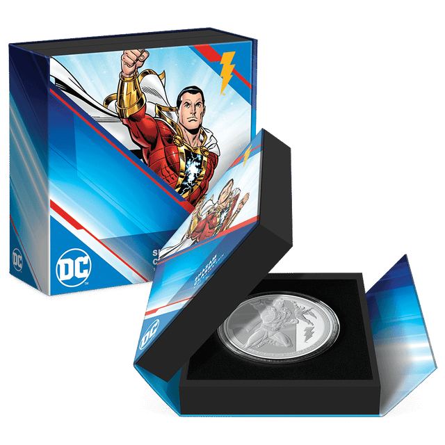 SHAZAM™ Classic 1oz Silver Coin Featuring Custom Book-Style Packaging with Printed Coin Specifications. 