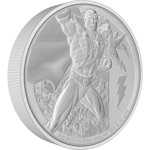 Embrace the magic with the mighty SHAZAM™ 3oz pure silver coin. 55mm in diameter, SHAZAM’s pose is splendidly rendered, along with a detailed comic montage featuring more images of the hero. Only 1,000 available worldwide! - New Zealand Mint
