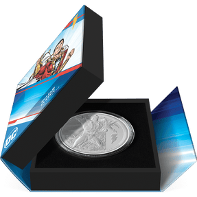 SHAZAM™ Classic 3oz Silver Coin Featuring Book-style Packaging with Coin Insert and Certificate of Authenticity Sticker and Coin Specs.