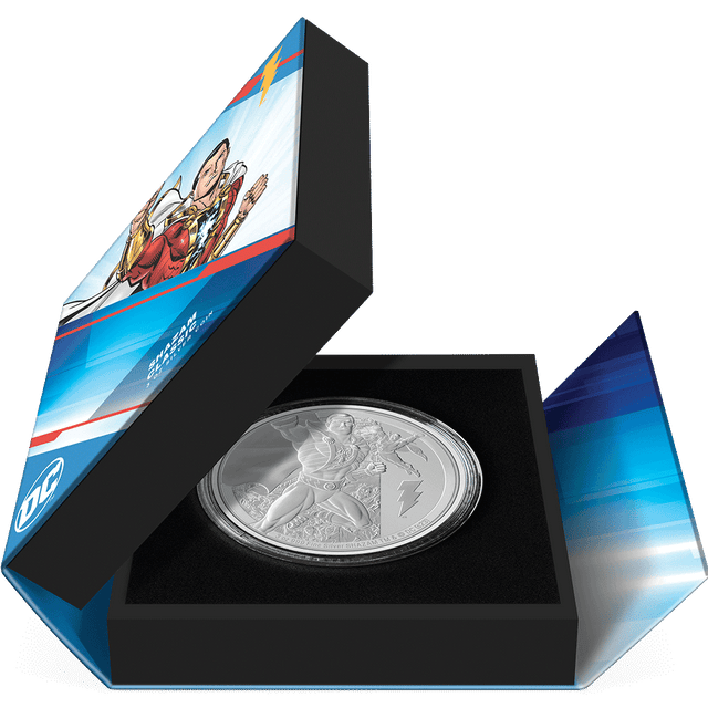 SHAZAM™ Classic 3oz Silver Coin Featuring Book-style Packaging with Coin Insert and Certificate of Authenticity Sticker and Coin Specs.