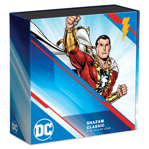 SHAZAM™ Classic 3oz Silver Coin Featuring Custom Book-style Display Box With Brand Imagery.