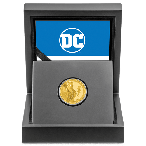SHAZAM™ Classic 1/4oz Gold Coin with Custom Designed Wooden Box with Display Ledge and Certificate of Authenticity.