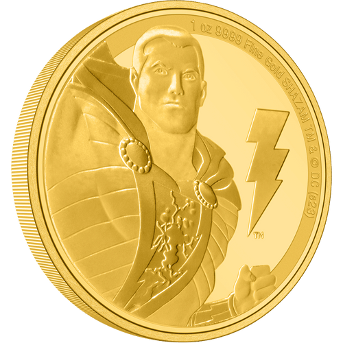 SHAZAM™ dazzles in 1oz pure gold! The design includes a close up of SHAZAM, with his iconic lightning bolt emblem beside him. The mintage is set at just 250 worldwide. - New Zealand Mint