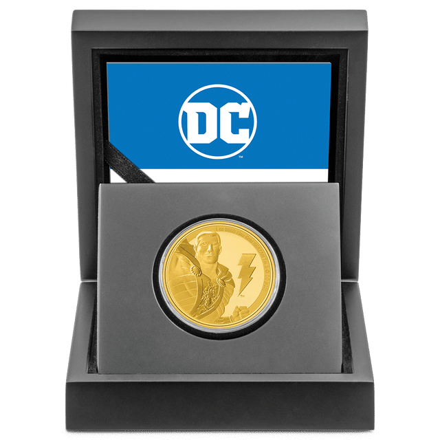 SHAZAM™ Classic 1oz Gold Coin with Custom Designed Wooden Box with Display Ledge and Certificate of Authenticity.