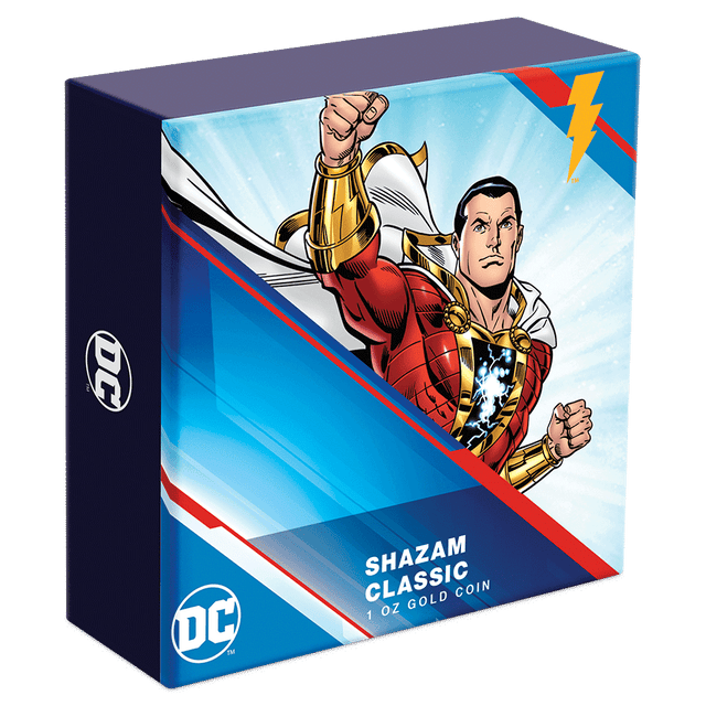 SHAZAM™ Classic 1oz Gold Coin Featuring Custom-Designed Outer Box With Brand Imagery.