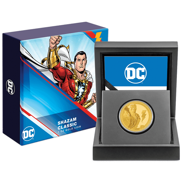 SHAZAM™ Classic 1oz Gold Coin with Custom-Designed Wooden Box with Certificate of Authenticity Holder and Viewing Insert. 