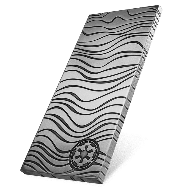 In The Mandalorian™, Djarin is paid for his mission in bars of Beskar™ steel. Back for 2022, this collectible 10oz pure silver bar is a replica version, incorporating the same wavey ridges and patterns and stamped with the Imperial shield. - New Zealand Mint