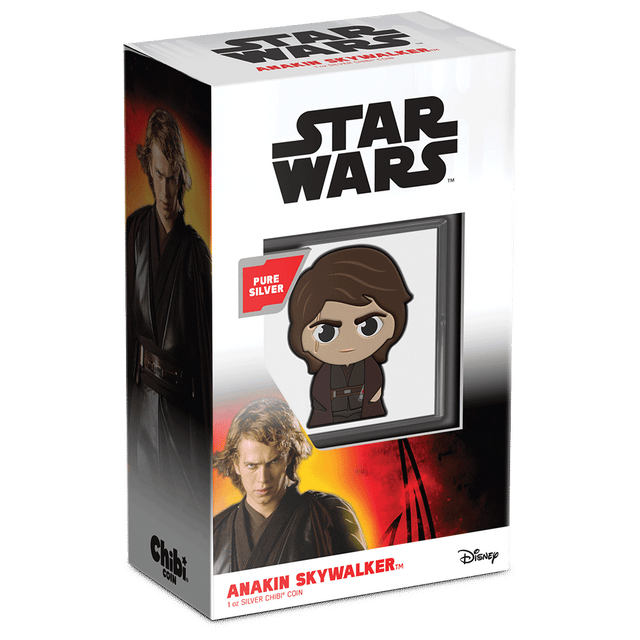 Star Wars™ Anakin Skywalker™ 1oz Silver Chibi® Coin Featuring Custom Packaging with Display Window and Certificate of Authenticity Sticker.