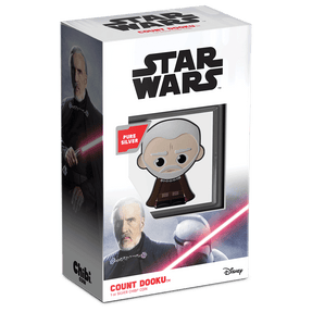 Star Wars™ Count Dooku™ 1oz Silver Chibi® Coin Featuring Custom Packaging with Display Window and Certificate of Authenticity Sticker.