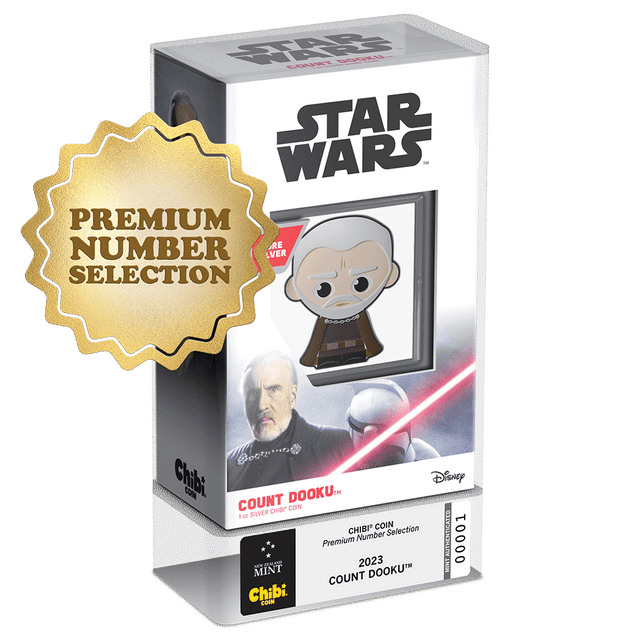 The fallen Jedi™, Count Dooku™ is featured on this fantastic Premium Number Chibi® Coin. Uniquely coloured and shaped, the design features a stylised version of the Sith™ Lord, Count Dooku™. Limited issue of 2,000 — with just 200 being gilded!  - New Zealand Mint