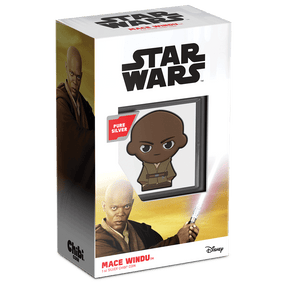 Star Wars™ Mace Windu™ 1oz Silver Chibi® Coin Featuring Custom Packaging with Display Window and Certificate of Authenticity Sticker.