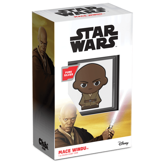 Star Wars™ Mace Windu™ 1oz Silver Chibi® Coin Featuring Custom Packaging with Display Window and Certificate of Authenticity Sticker.