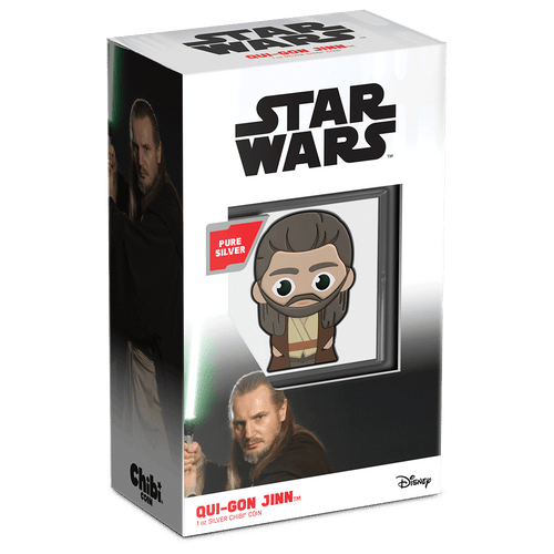 Star Wars™ Qui-Gon Jinn™ 1oz Silver Chibi® Coin Featuring Custom Packaging with Display Window and Certificate of Authenticity Sticker.