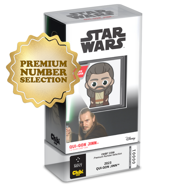 Powerful and wise, the renowned mentor and Jedi Master Qui-Gon Jinn inspired this 1oz pure silver Star Wars™ Chibi® Coin. Fully coloured and shaped coin resembles Qui-Gon wearing his brown and tan robes. - New Zealand Mint