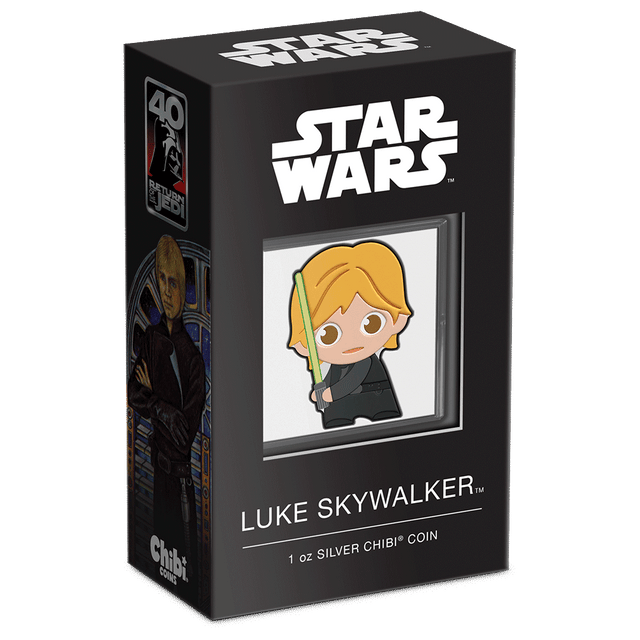 Star Wars: Return of the Jedi™ – Luke Skywalker™ 1oz Silver Chibi® Coin Featuring Custom Packaging with Display Window and Certificate of Authenticity Sticker.