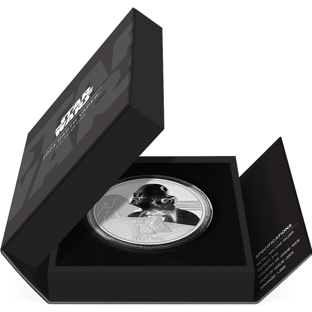 2023 Darth Vader™ 3oz Silver Coin Featuring  Book-style Packaging with Coin Insert and Certificate of Authenticity Sticker and Coin Specs.