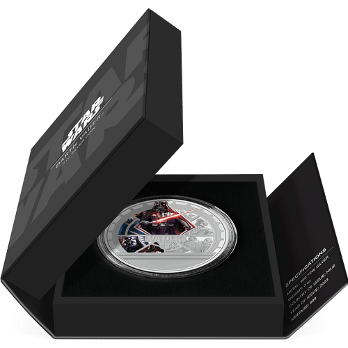 Star Wars™ Darth Vader™ 3oz Silver Coin Featuring Book-style Packaging with Coin Insert and Certificate of Authenticity Sticker and Coin Specs.