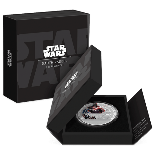 Star Wars™ Darth Vader™ 3oz Silver Coin Featuring Custom Book-Style Packaging with Printed Coin Specifications. 