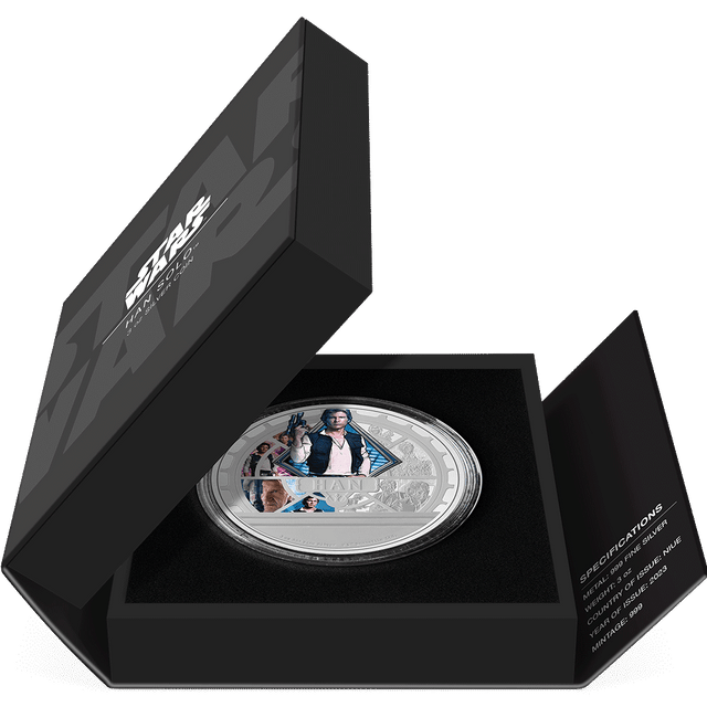 2023 Han Solo™ 3oz Silver Coin Featuring Book-style Packaging with Coin Insert and Certificate of Authenticity Sticker and Coin Specs.