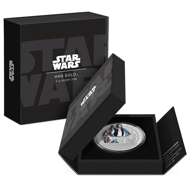 2023 Han Solo™ 3oz Silver Coin Featuring Custom Book-Style Packaging with Printed Coin Specifications. 