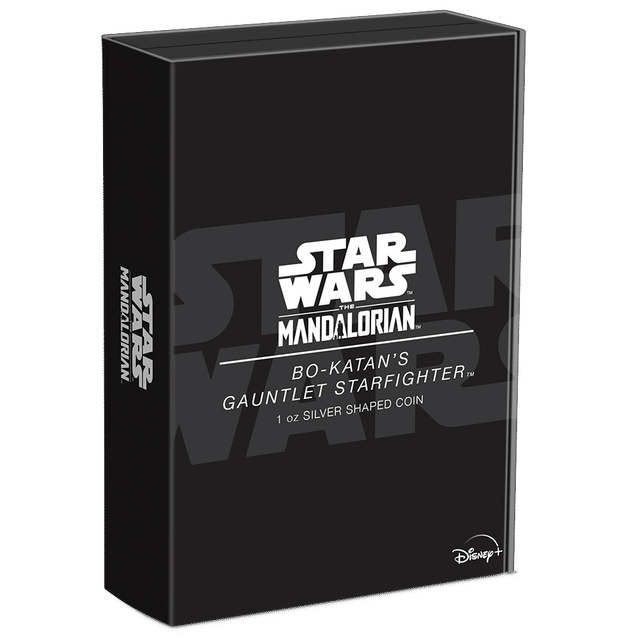The Mandalorian™ – Bo-Katan's Gauntlet Starfighter™ 1oz Silver Shaped Coin Featuring Custom Book-style Display Box With Brand Imagery.