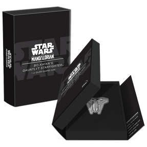 The Mandalorian™ – Bo-Katan's Gauntlet Starfighter™ 1oz Silver Shaped Coin Featuring Custom Book-Style Packaging with Printed Coin Specifications. 