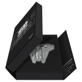 The Mandalorian™ – Bo-Katan's Gauntlet Starfighter™ 3oz Silver Shaped Coin Featuring Book-style Packaging with Coin Insert and Certificate of Authenticity Sticker and Coin Specs.