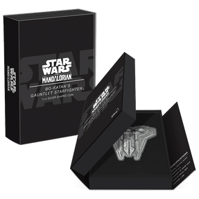 The Mandalorian™ – Bo-Katan's Gauntlet Starfighter™ 3oz Silver Shaped Coin Featuring Custom Book-Style Packaging with Printed Coin Specifications. 