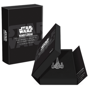 The Mandalorian™ – The Mandalorian's N1 Starfighter™ 1oz Silver Shaped Coin Featuring with Custom Book-Style Packaging and Specifications. 