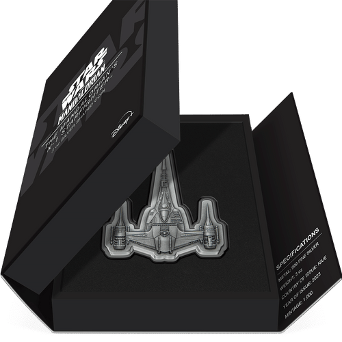 The Mandalorian™ – The Mandalorian's N1 Starfighter™ 3oz Silver Shaped Coin Featuring Book-style Packaging with Coin Insert and Certificate of Authenticity Sticker and Coin Specs.