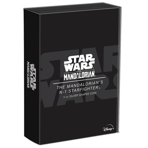 The Mandalorian™ – The Mandalorian's N1 Starfighter™ 3oz Silver Shaped Coin Featuring Custom Book-style Display Box With Brand Imagery.