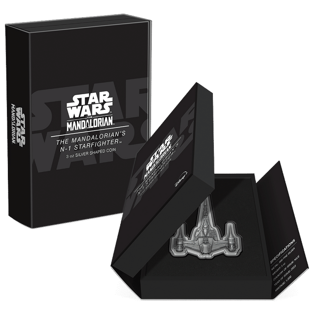 The Mandalorian™ – The Mandalorian's N1 Starfighter™ 3oz Silver Shaped Coin Featuring with Custom Book-Style Packaging and Specifications. 