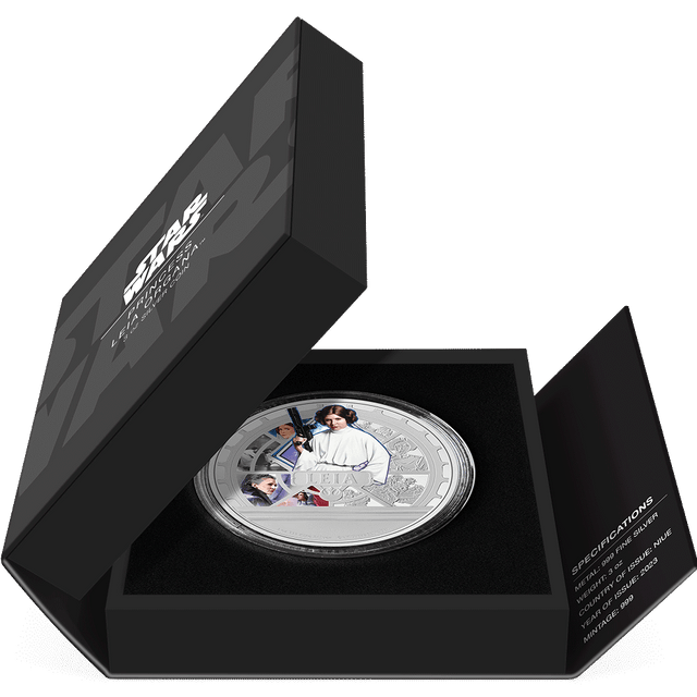 Star Wars™ Princess Leia™ 3oz Silver Coin Featuring Book-style Packaging with Coin Insert and Certificate of Authenticity Sticker and Coin Specs. 