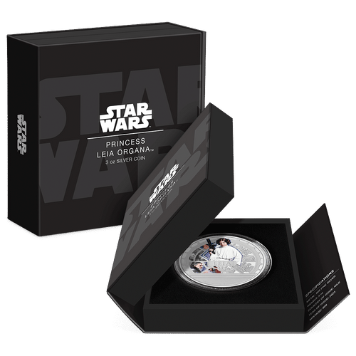 Star Wars™ Princess Leia™ 3oz Silver Coin Featuring Custom Book-Style Packaging and Specifications. 