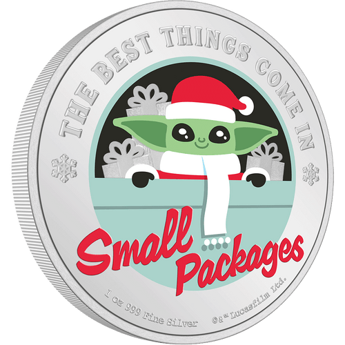 Introducing the 2023 Star Wars™ Seasons Greetings coin. The imagery of Grogu includes him with holiday coloured ensemble, adorably poised within his signature hover pram. Behind him, a sea of gifts contrasts beautifully against a black background. - New Zealand Mint