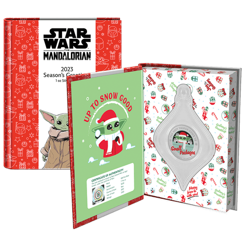 Star Wars™ Season’s Greetings 2023 1oz Silver Coin Featuring Custom Book-style Display Box With Brand Imagery and Ribbon for Tree-Hanging.