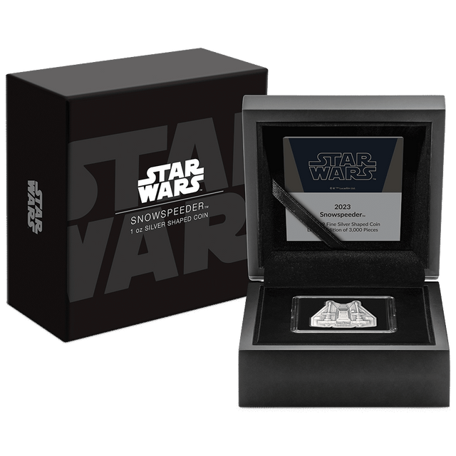 Star Wars™ Snowspeeder™ 1oz Silver Shaped Coin Featuring Custom Wooden Display Box with Outer Box and Star Wars Imagery, and Certificate of Authenticity.