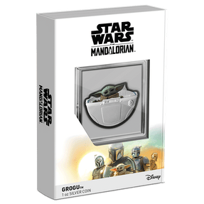 The Mandalorian™ – 2023 Grogu™ in Pod 1oz Silver Coin Featuring Custom Book-Style Packaging and Coin Specifications. 
