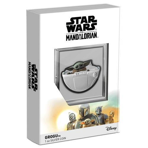 The Mandalorian™ – 2023 Grogu™ in Pod 1oz Silver Coin Featuring Custom Book-Style Packaging and Coin Specifications. 