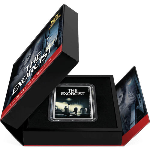 The Exorcist 50th Anniversary 1oz Silver Coin Featuring Book-style Packaging with Coin Insert and Certificate of Authenticity Sticker and Coin Specs. 
