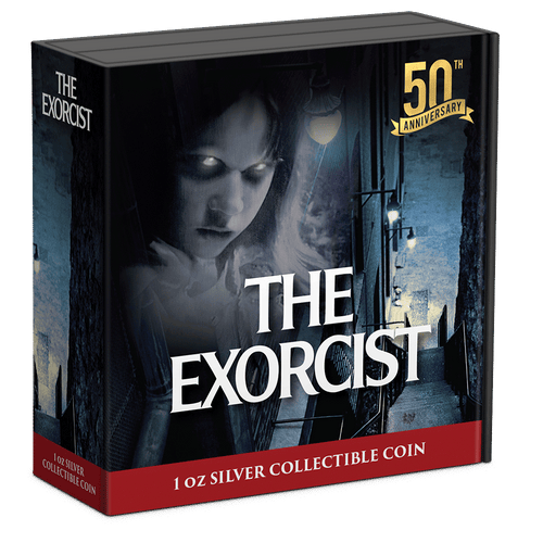 The Exorcist 50th Anniversary 1oz Silver Coin Featuring Custom Book-style Display Box With Brand Imagery. 