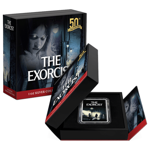 The Exorcist 50th Anniversary 1oz Silver Coin Featuring Custom Book-Style Packaging with Printed Coin Specifications. 