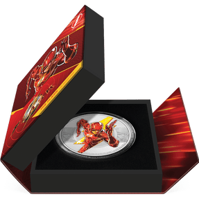 THE FLASH™ 1oz Silver Coin Featuring Book-style Packaging with Coin Insert and Certificate of Authenticity Sticker and Coin Specs.