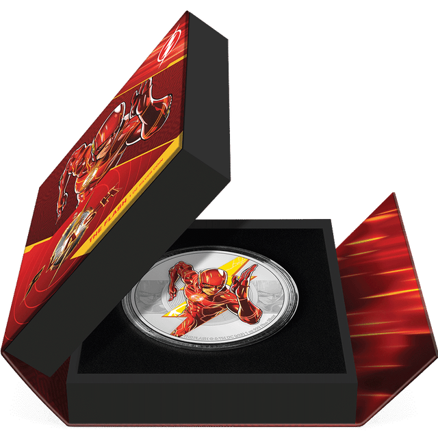 THE FLASH™ 1oz Silver Coin Featuring Book-style Packaging with Coin Insert and Certificate of Authenticity Sticker and Coin Specs.