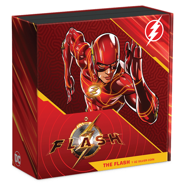 THE FLASH™ 1oz Silver Coin Featuring Custom Book-style Display Box With Brand Imagery.